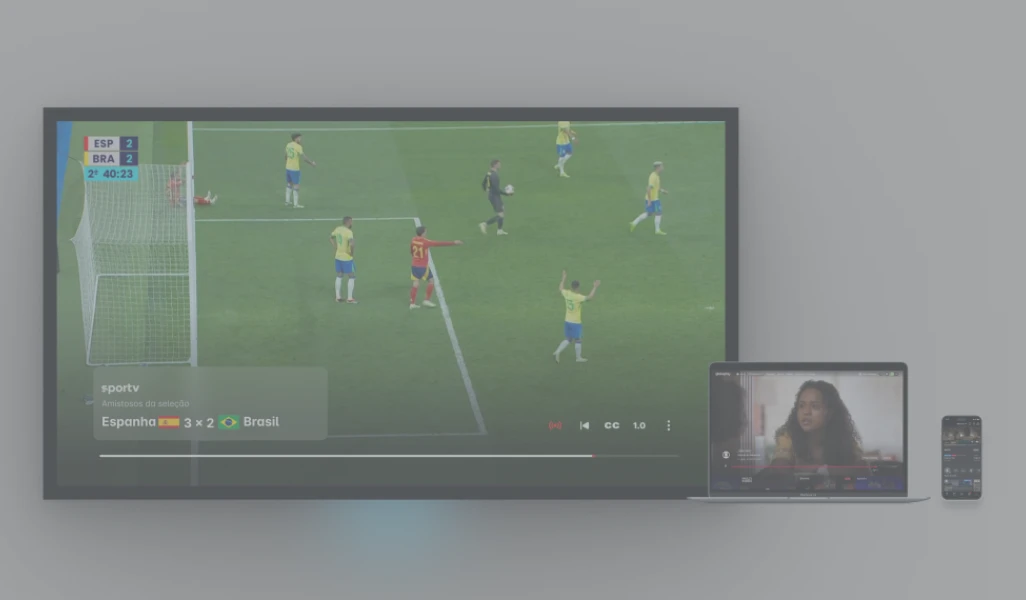 Player de vídeo redesenhado, exibido em TV, notebook e celular